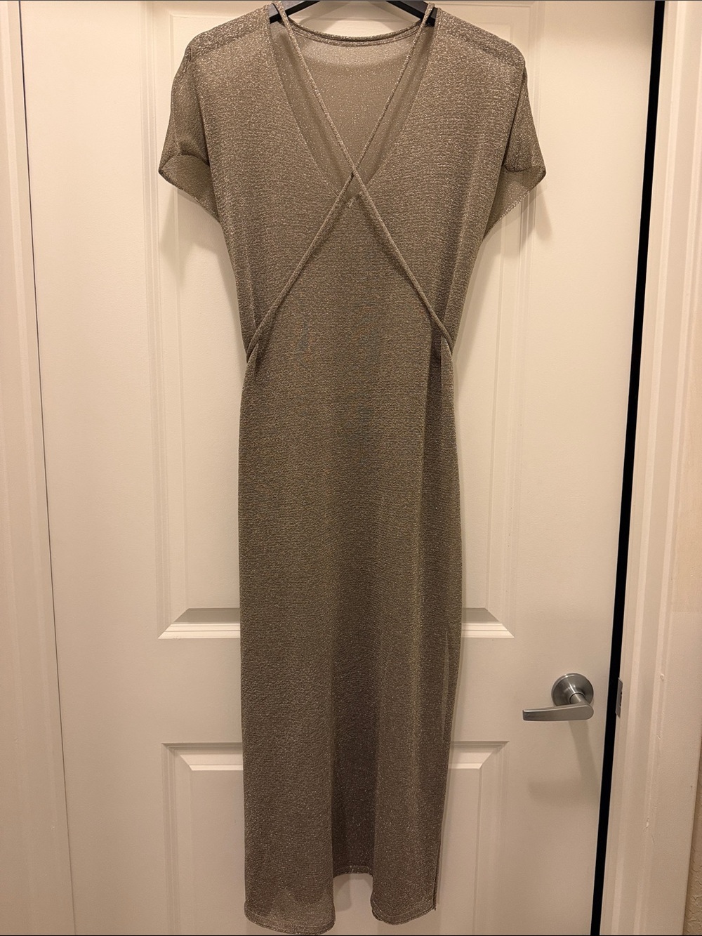 Zara Shimmery Taupe Maxi Dress with Crisscross Front